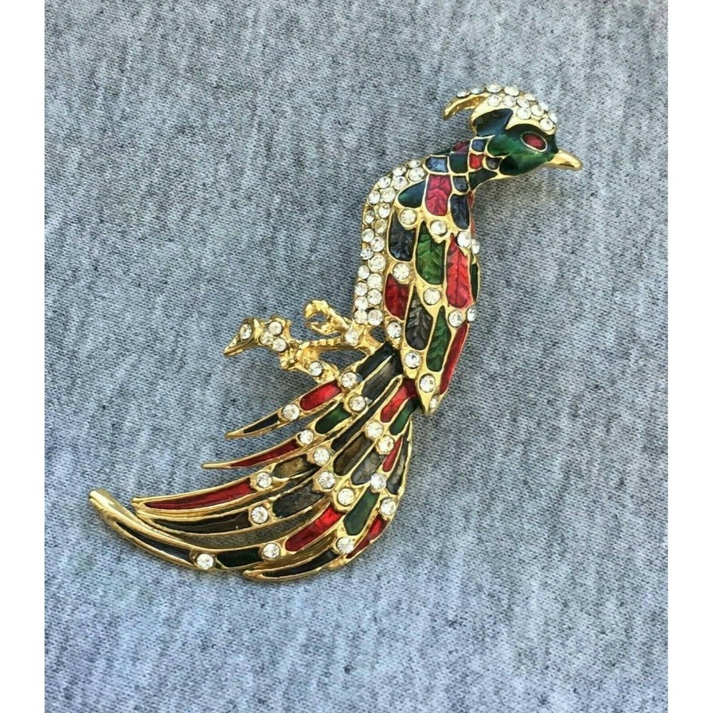 Colorful peacock bird Rhinestone BROOCH PIN enamel